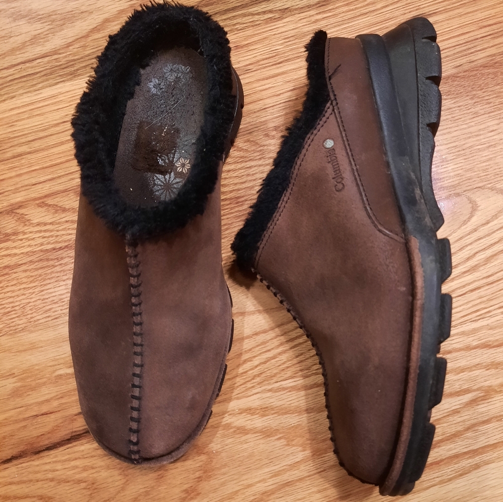 Columbia Cortina Suede Mules Shoes Faux Fur Trim - Size 8 Brown‎